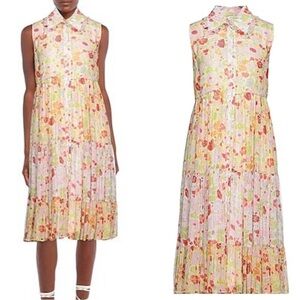 Manoush Floral Yellow Metallic Silver Pastel Ruffle Chiffon Midi Dress - 10